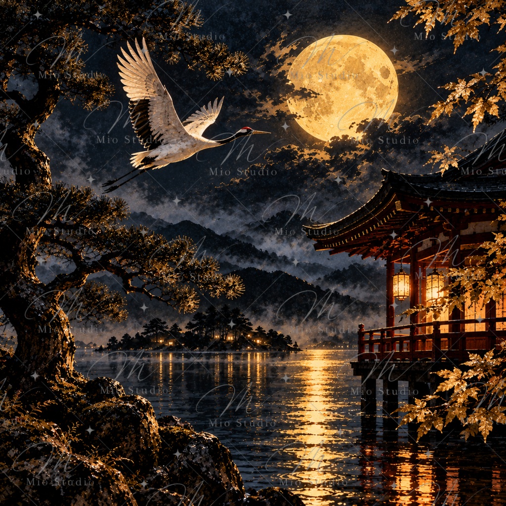 JAPANESE NIGHT|日本の夜景 デジタルペーパー 12枚セット|月夜・桜・藤・鯉・和風背景