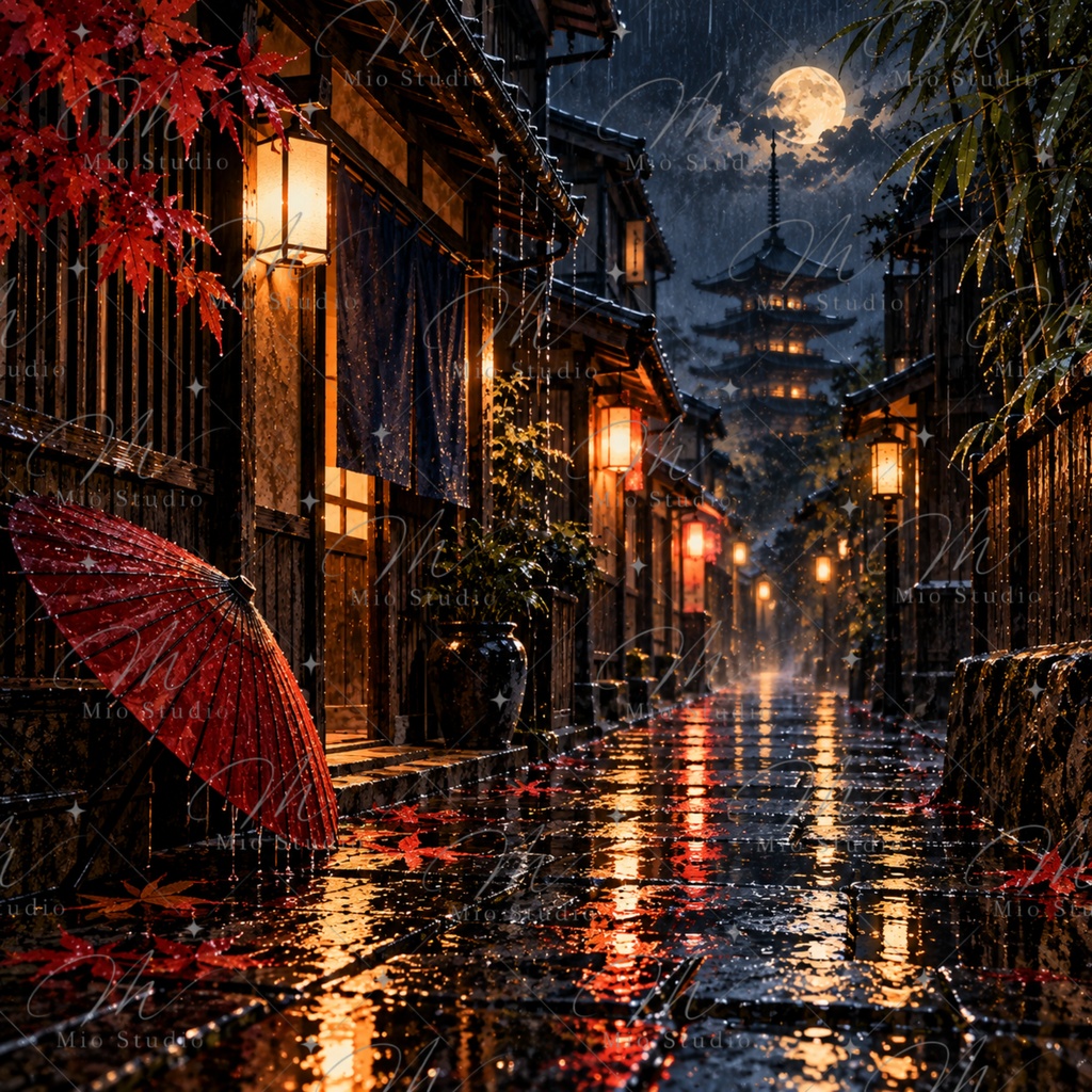 JAPANESE NIGHT|日本の夜景 デジタルペーパー 12枚セット|月夜・桜・藤・鯉・和風背景
