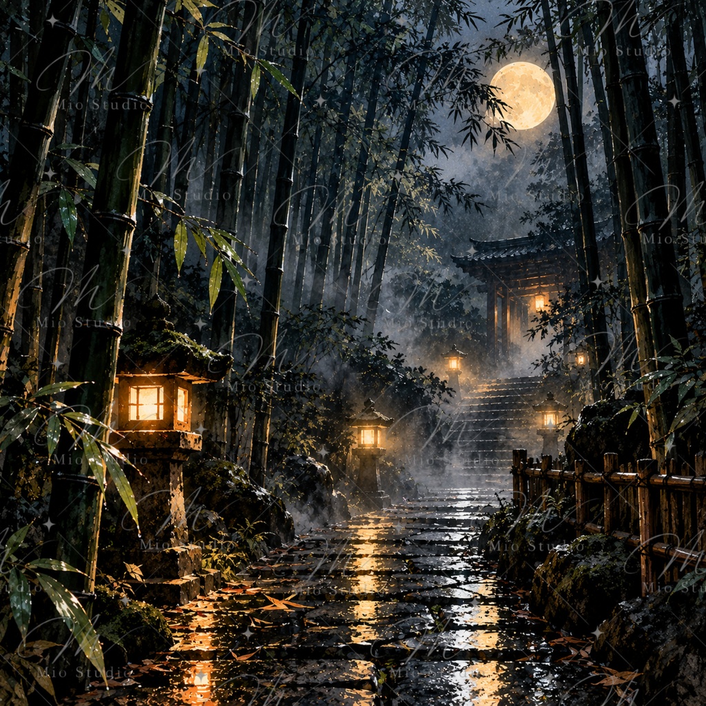 JAPANESE NIGHT|日本の夜景 デジタルペーパー 12枚セット|月夜・桜・藤・鯉・和風背景