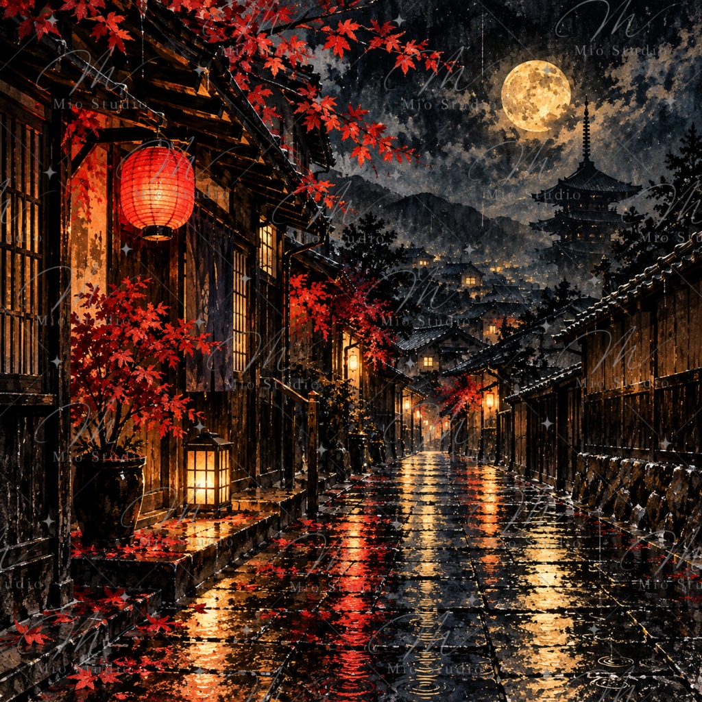 JAPANESE NIGHT|日本の夜景 デジタルペーパー 12枚セット|月夜・桜・藤・鯉・和風背景