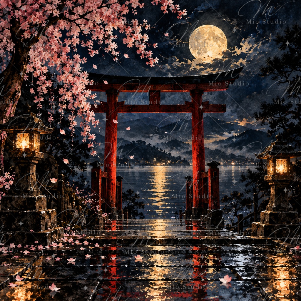 JAPANESE NIGHT|日本の夜景 デジタルペーパー 12枚セット|月夜・桜・藤・鯉・和風背景