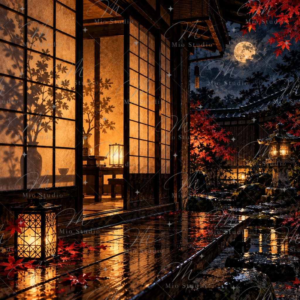 JAPANESE NIGHT|日本の夜景 デジタルペーパー 12枚セット|月夜・桜・藤・鯉・和風背景
