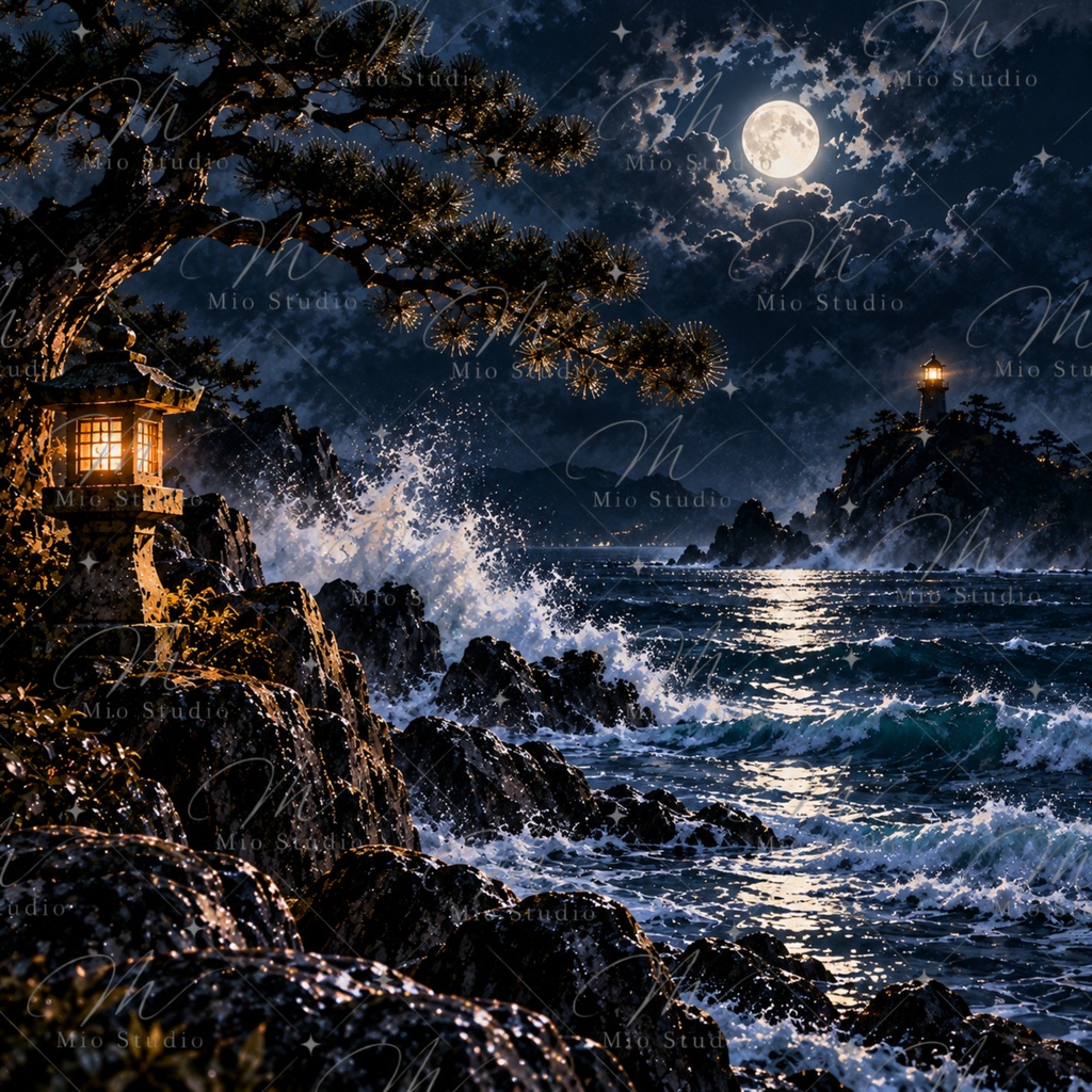 JAPANESE NIGHT|日本の夜景 デジタルペーパー 12枚セット|月夜・桜・藤・鯉・和風背景