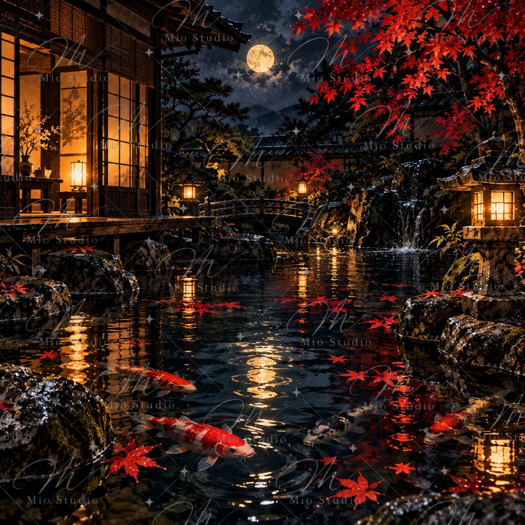 JAPANESE NIGHT|日本の夜景 デジタルペーパー 12枚セット|月夜・桜・藤・鯉・和風背景