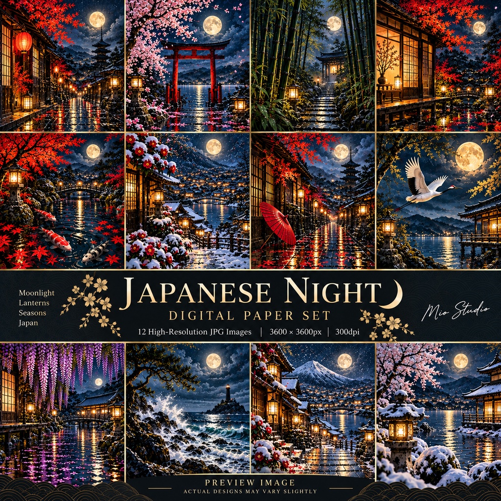 JAPANESE NIGHT｜日本の夜景 デジタルペーパー 12枚セット｜月夜・桜・藤・鯉・和風背景