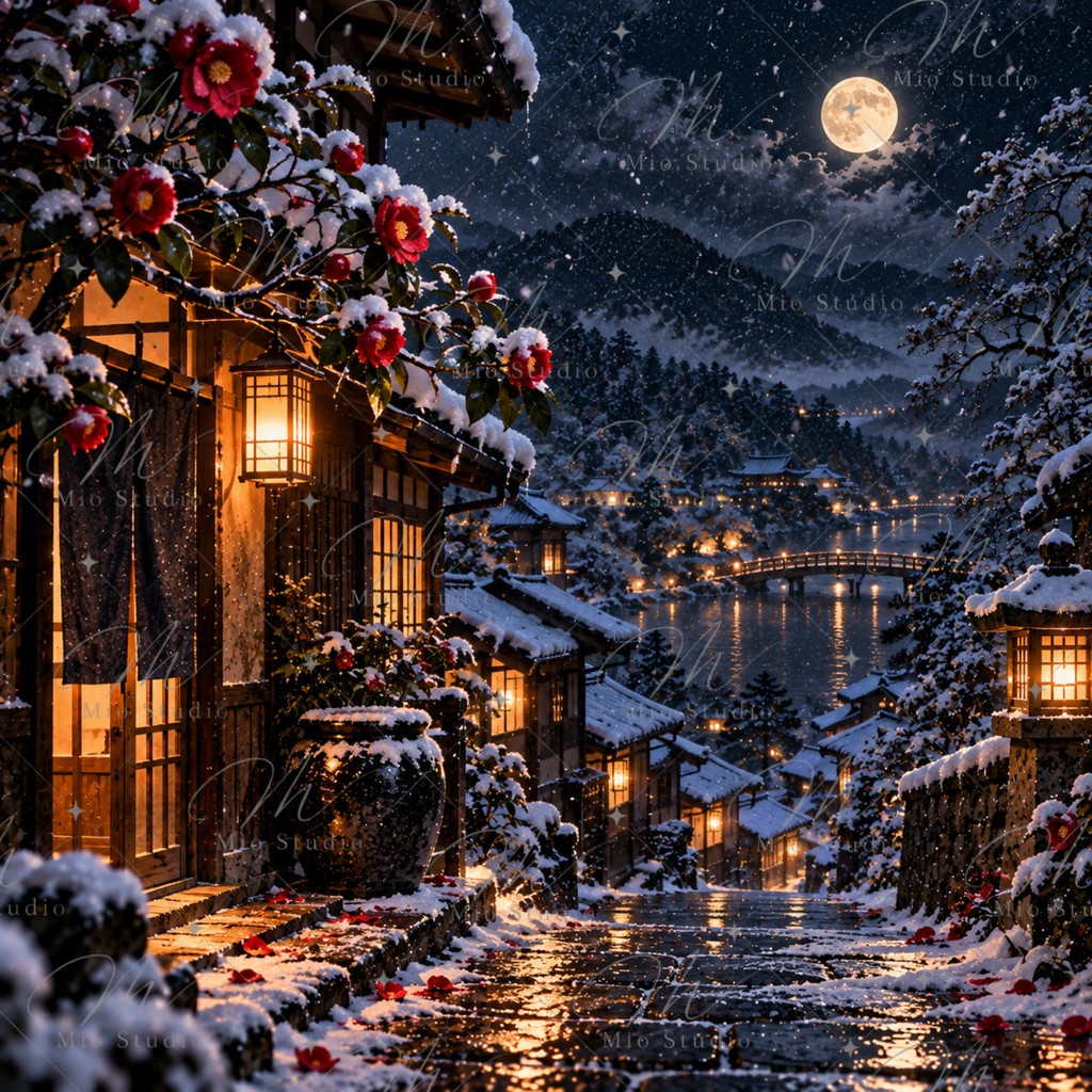 JAPANESE NIGHT|日本の夜景 デジタルペーパー 12枚セット|月夜・桜・藤・鯉・和風背景