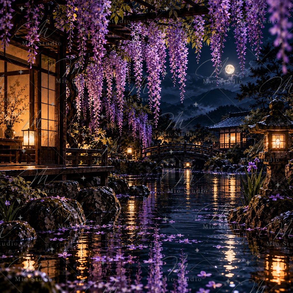 JAPANESE NIGHT|日本の夜景 デジタルペーパー 12枚セット|月夜・桜・藤・鯉・和風背景