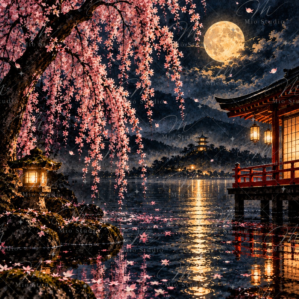 JAPANESE NIGHT|日本の夜景 デジタルペーパー 12枚セット|月夜・桜・藤・鯉・和風背景