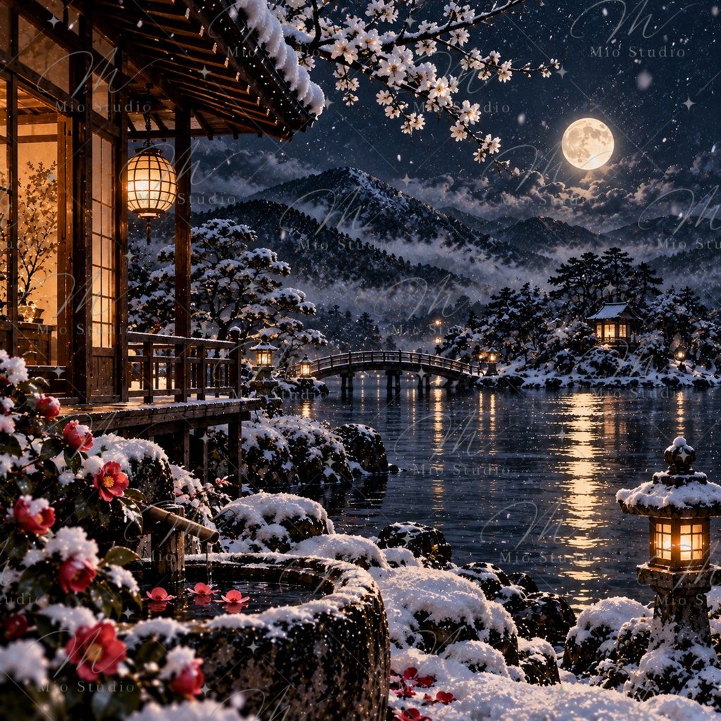 JAPANESE NIGHT|日本の夜景 デジタルペーパー 12枚セット|月夜・桜・藤・鯉・和風背景
