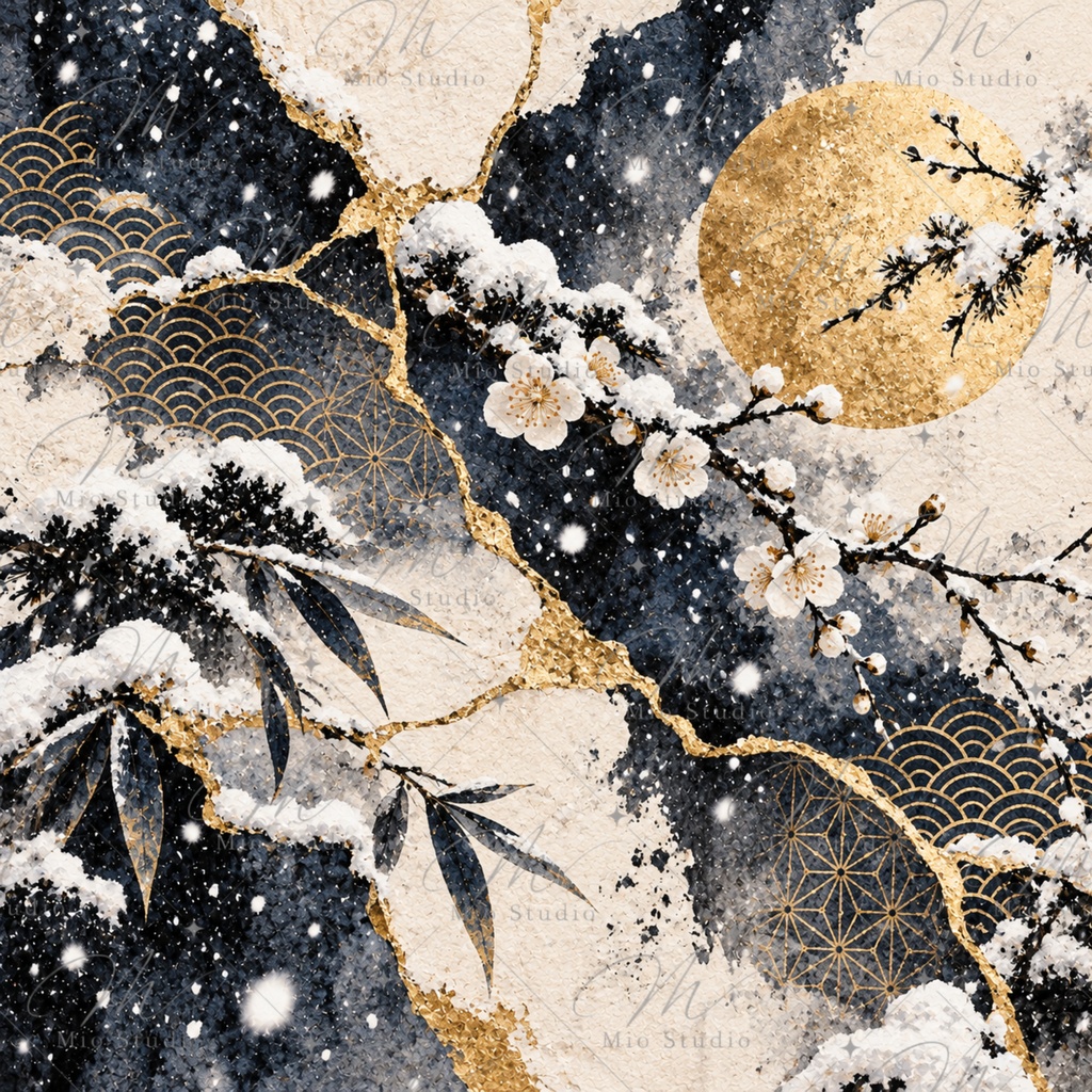JAPANESE WINTER WATERCOLOR|和の冬景色 水彩デジタルペーパー 12枚セット