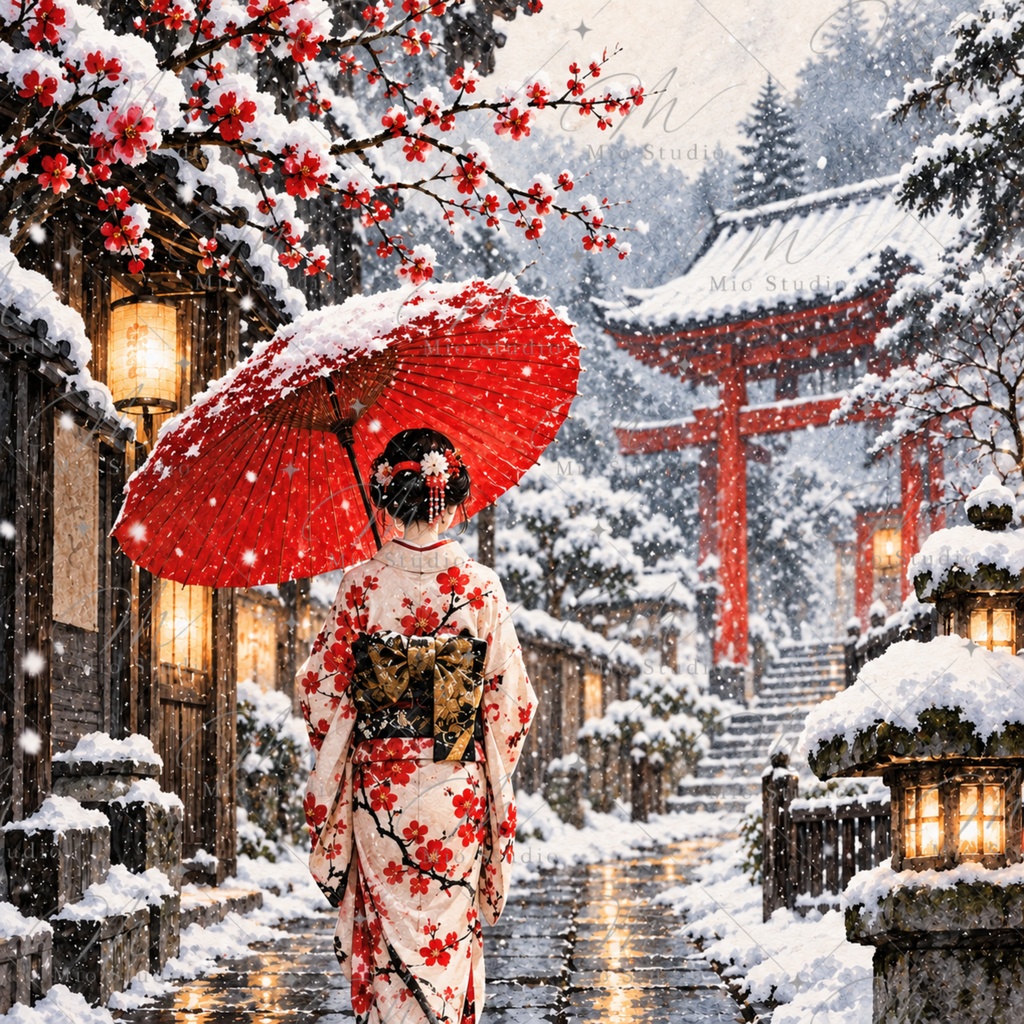 JAPANESE WINTER WATERCOLOR|和の冬景色 水彩デジタルペーパー 12枚セット