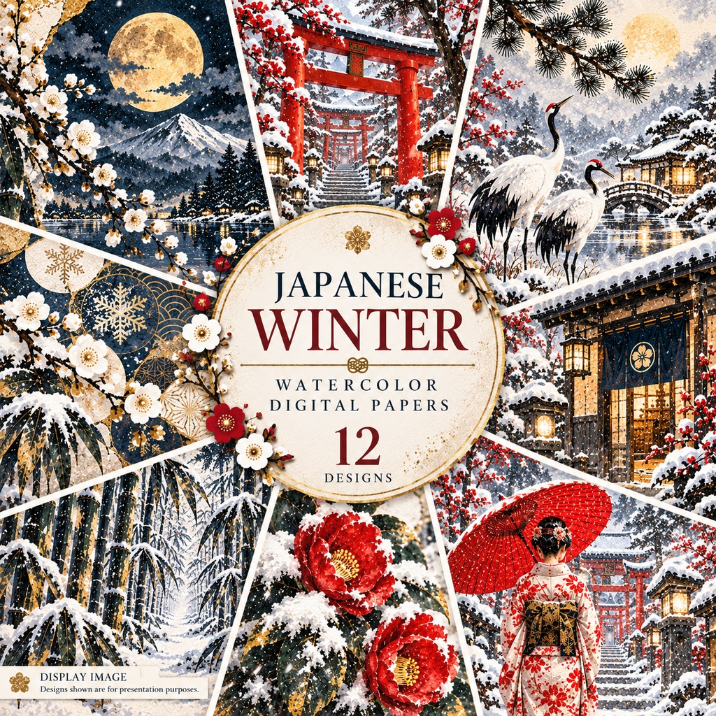 JAPANESE WINTER WATERCOLOR｜和の冬景色 水彩デジタルペーパー 12枚セット