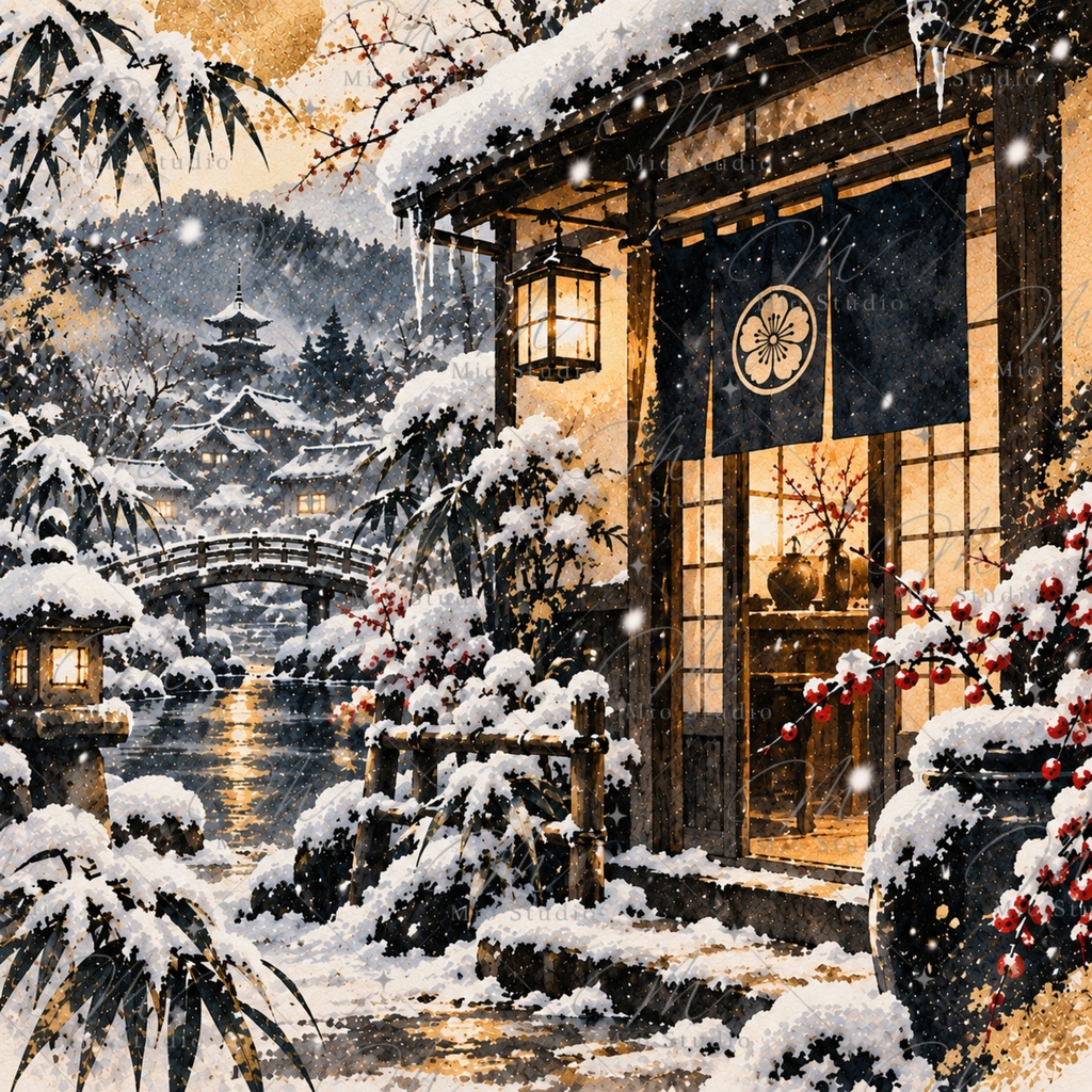JAPANESE WINTER WATERCOLOR|和の冬景色 水彩デジタルペーパー 12枚セット