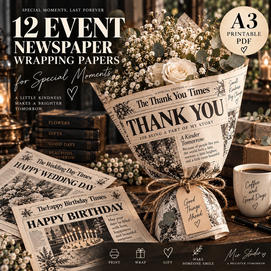 12 EVENT NEWSPAPER WRAPS｜A3 新聞風ラッピングペーパー 12種セット｜PDF