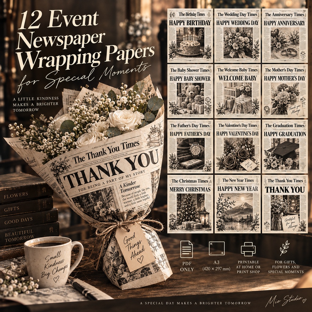 12 EVENT NEWSPAPER WRAPS|A3 新聞風ラッピングペーパー 12種セット|PDF