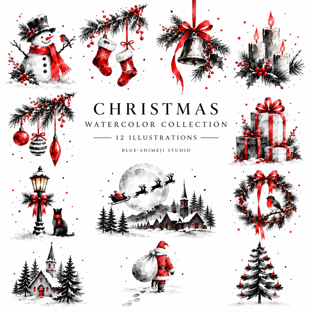 MINIMAL SUMI CHRISTMAS｜墨×赤のクリスマス デジタルペーパー 12枚セット