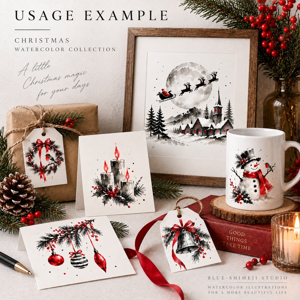 MINIMAL SUMI CHRISTMAS|墨×赤のクリスマス デジタルペーパー 12枚セット