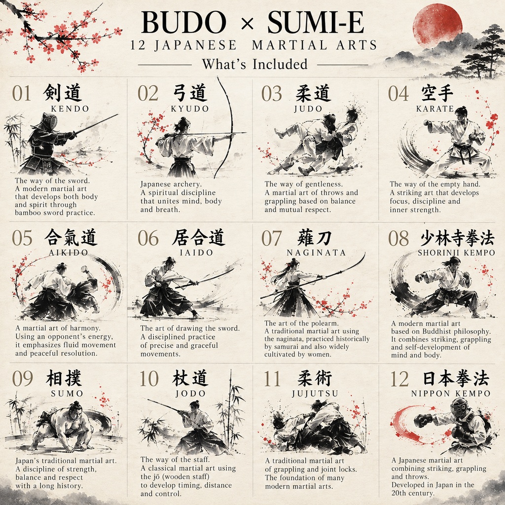 BUDO × SUMI-E|武道 墨絵デジタルペーパー 12枚セット
