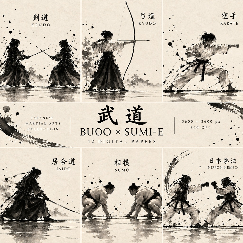 BUDO × SUMI-E｜武道 墨絵デジタルペーパー 12枚セット