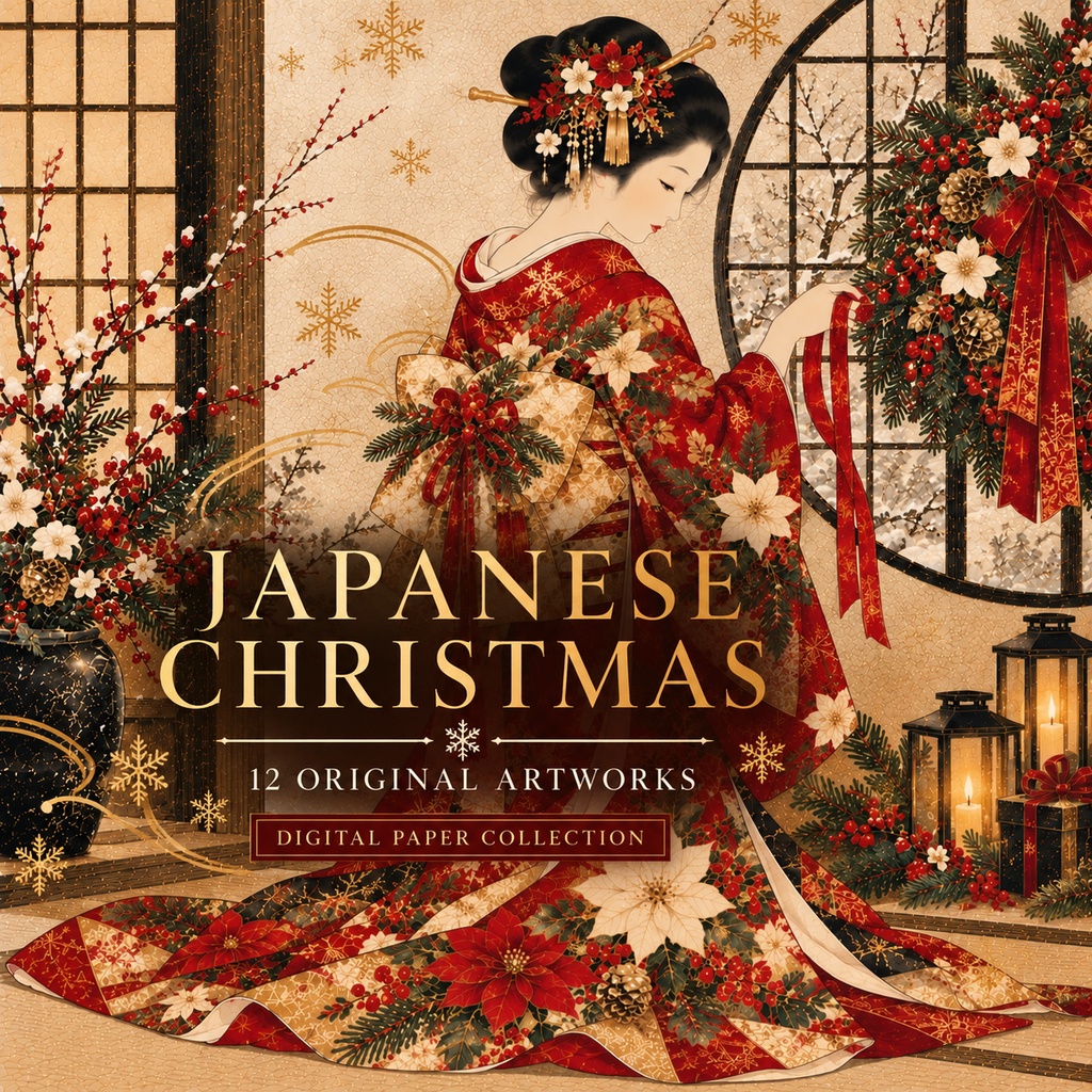 JAPANESE CHRISTMAS｜和のクリスマス アート12枚セット｜着物・レトロ・壁飾り・デジタルダウンロード
