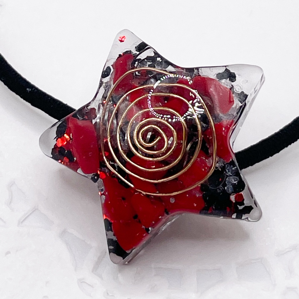 概念アクセ|推しカラーにも◎ ぬいアクセにも◎|星のオルゴナイトの天然石ヘアゴム/赤×黒・レッドストーン|or-068