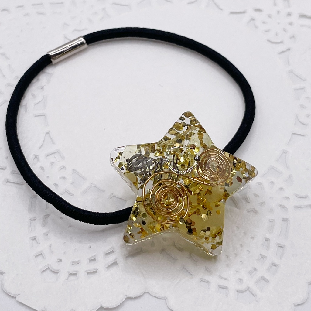 【Sale】概念アクセ|推しカラーにも◎ ぬいアクセにも◎|星のオルゴナイトの天然石ヘアゴム/ゴールド・レモンクォーツ|or-044