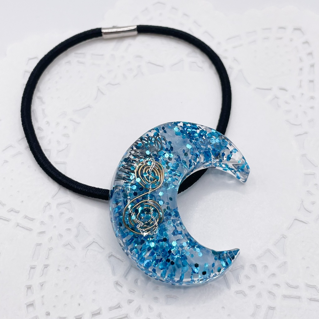 【Sale】概念アクセ|推しカラーにも◎|月のオルゴナイトの天然石ヘアゴム/ブルー・ローズクォーツ|or-042