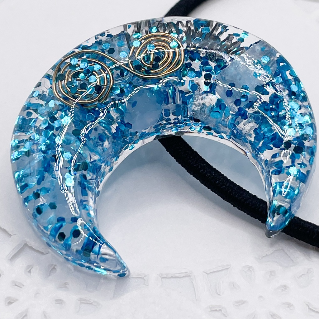 【Sale】概念アクセ|推しカラーにも◎|月のオルゴナイトの天然石ヘアゴム/ブルー・ローズクォーツ|or-042