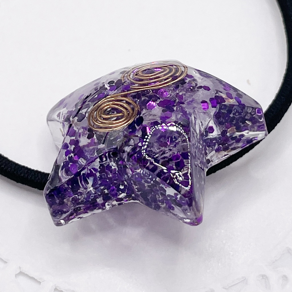 【Sale】概念アクセ|推しカラーにも◎ ぬいアクセにも◎|星のオルゴナイトの天然石ヘアゴム/パープル・ローズクォーツ|or-045