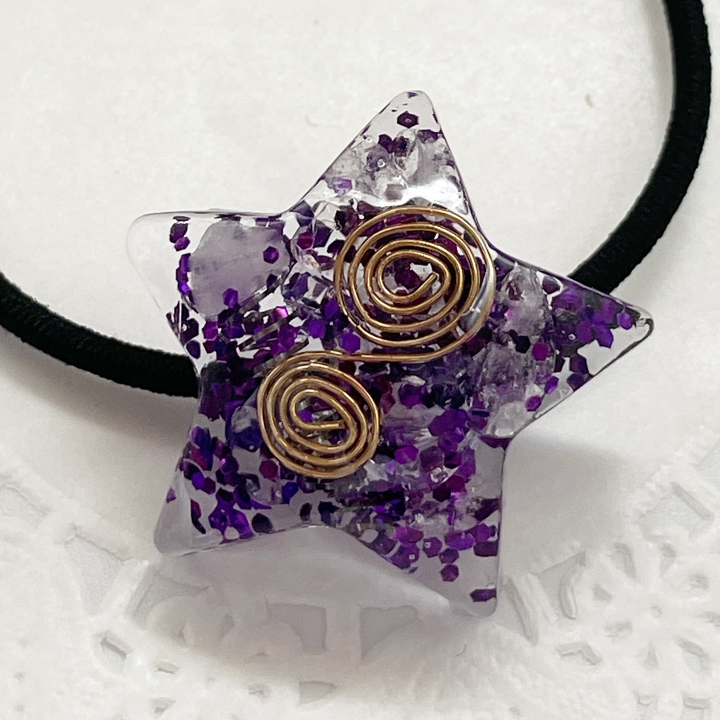 【Sale】概念アクセ|推しカラーにも◎ ぬいアクセにも◎|星のオルゴナイトの天然石ヘアゴム/パープル・ローズクォーツ|or-045