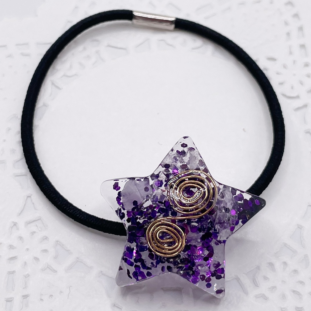 【Sale】概念アクセ|推しカラーにも◎ ぬいアクセにも◎|星のオルゴナイトの天然石ヘアゴム/パープル・ローズクォーツ|or-045