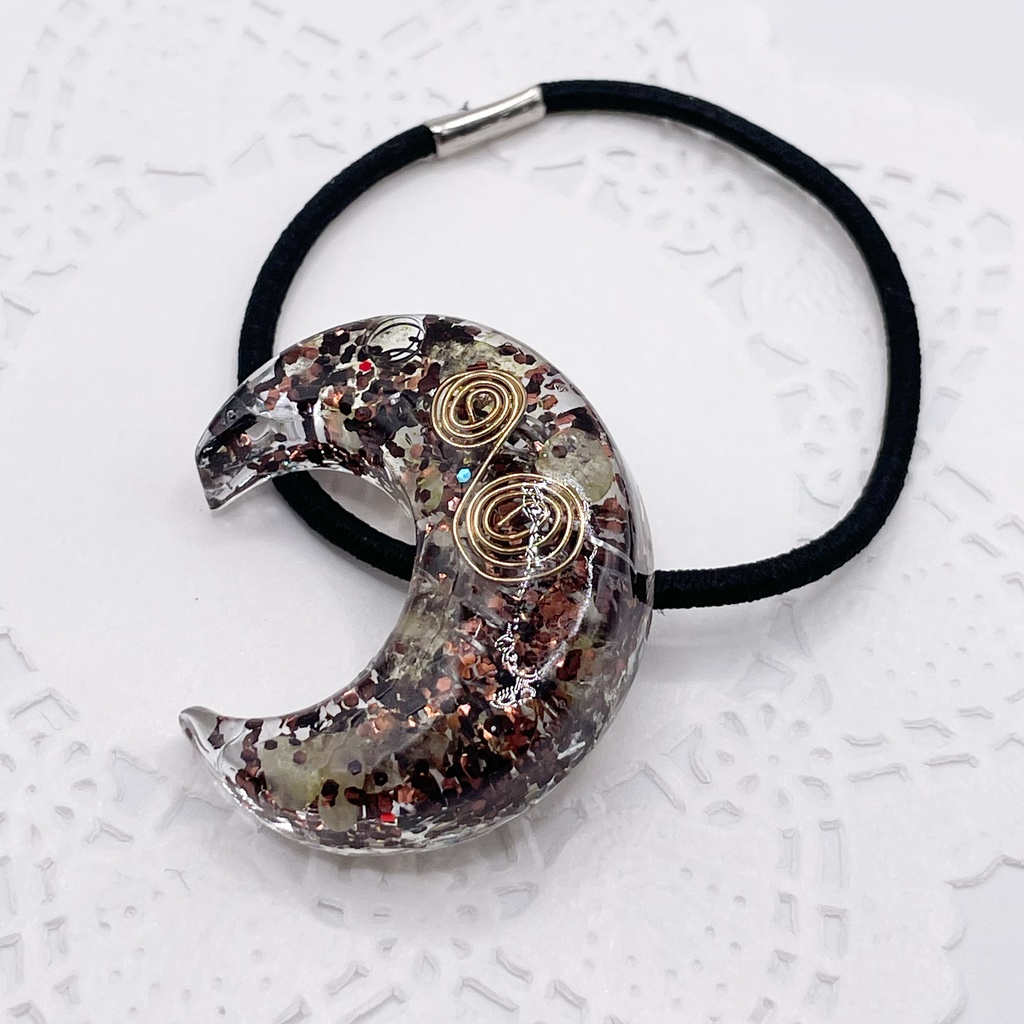 【Sale】概念アクセ|推しカラーにも◎ ぬいアクセにも◎|月のオルゴナイトの天然石ヘアゴム/ブラウン・レモンクォーツ|or-043
