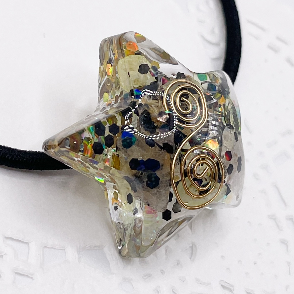 【Sale】概念アクセ|推しカラーにも◎ ぬいアクセにも◎|星のオルゴナイトの天然石ヘアゴム/ブラウン・ルチルクォーツ|or-053