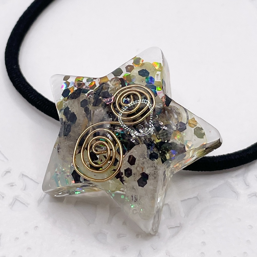 【Sale】概念アクセ｜推しカラーにも◎ ぬいアクセにも◎｜星のオルゴナイトの天然石ヘアゴム/ブラウン・ルチルクォーツ｜or-053