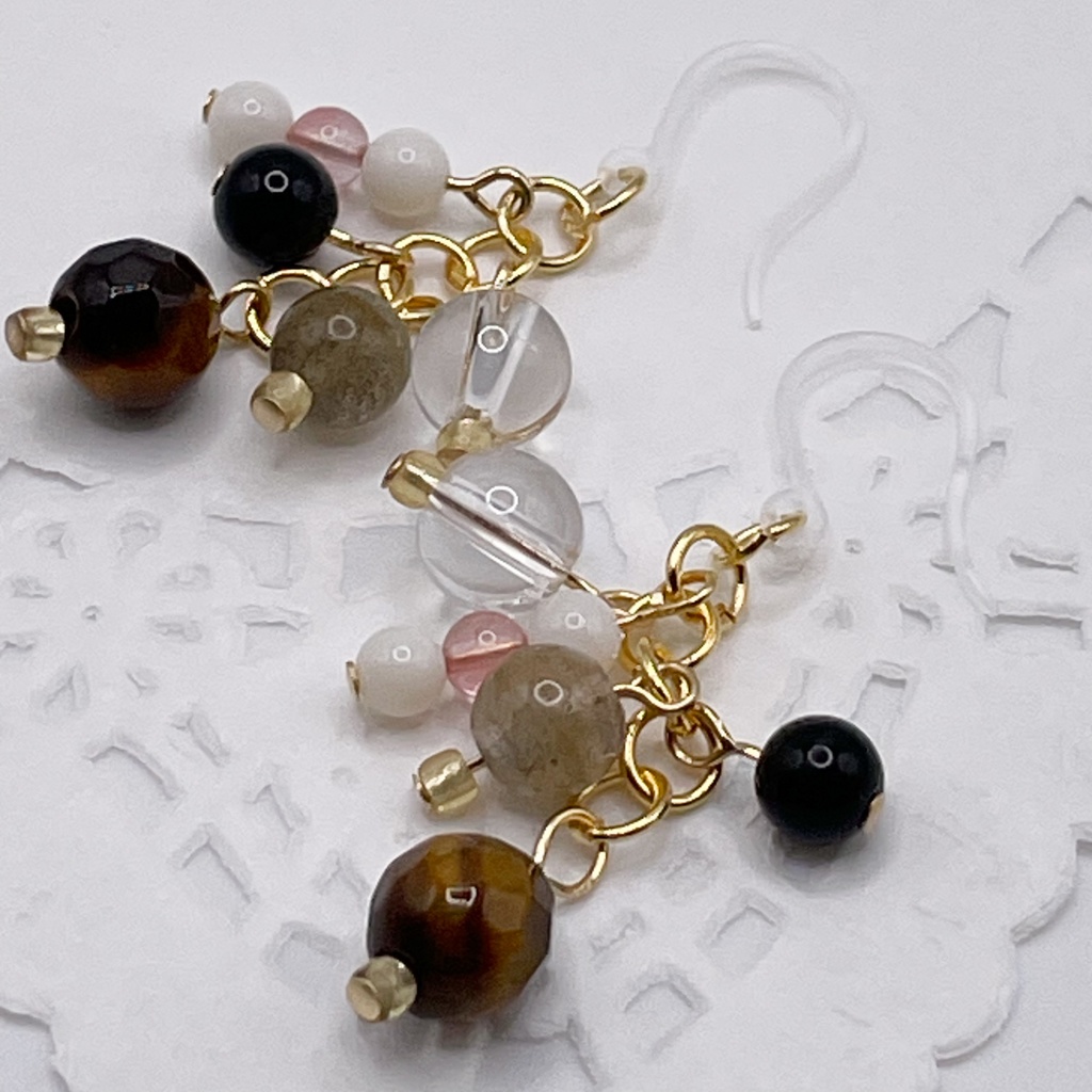 Lucky Charm|Pierce (Earring & Charm Available)タイガーアイ&ラブラドライト&オブシディアン(黒曜石)の天然石ピアス(イヤリング/チャーム)|k-039