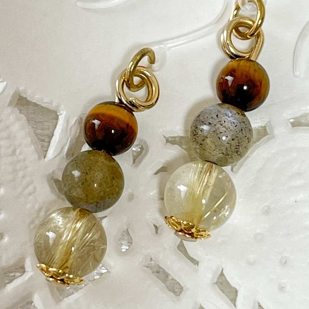 Lucky Charm｜Pierce (Earring & Charm Available)【受注制作】ルチルクォーツ＆ラブラドライト＆タイガーアイの天然石ピアス（イヤリング/チャーム）｜k-027