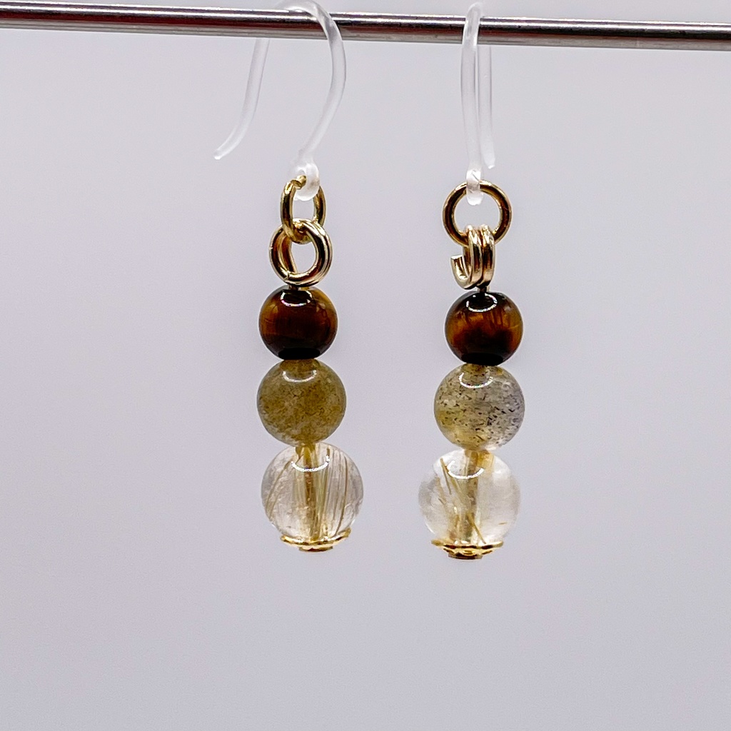 Lucky Charm|Pierce (Earring & Charm Available)【受注制作】ルチルクォーツ&ラブラドライト&タイガーアイの天然石ピアス(イヤリング/チャーム)|k-027