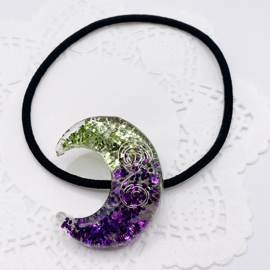 One of a Kind Hair Tie|月のオルゴナイトの天然石ヘアゴム/緑×紫・ローズクォーツ|g-009【One of a Kind Moon Hair Tie – Natural Stone Accessory】