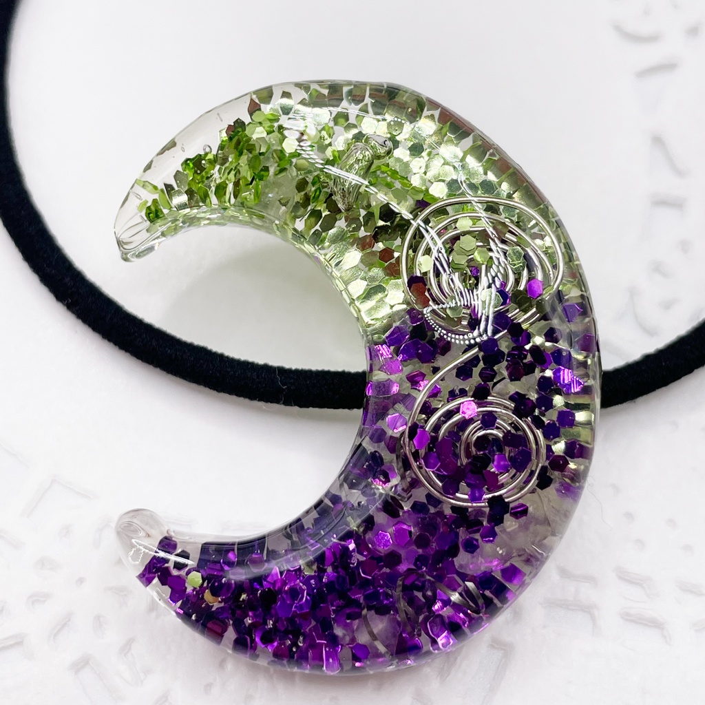 One of a Kind Hair Tie|月のオルゴナイトの天然石ヘアゴム/緑×紫・ローズクォーツ|g-009【One of a Kind Moon Hair Tie – Natural Stone Accessory】