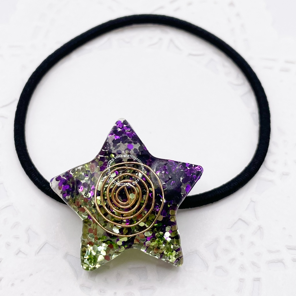 One of a Kind Hair Tie|星のオルゴナイトの天然石ヘアゴム/緑×紫・ローズクォーツ|g-010【One of a Kind Star Hair Tie – Natural Stone Accessory】