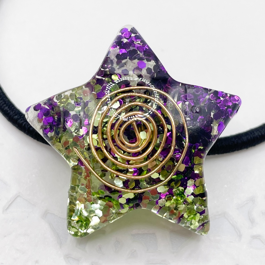 One of a Kind Hair Tie｜星のオルゴナイトの天然石ヘアゴム/緑×紫・ローズクォーツ｜g-010【One of a Kind Star Hair Tie – Natural Stone Accessory】