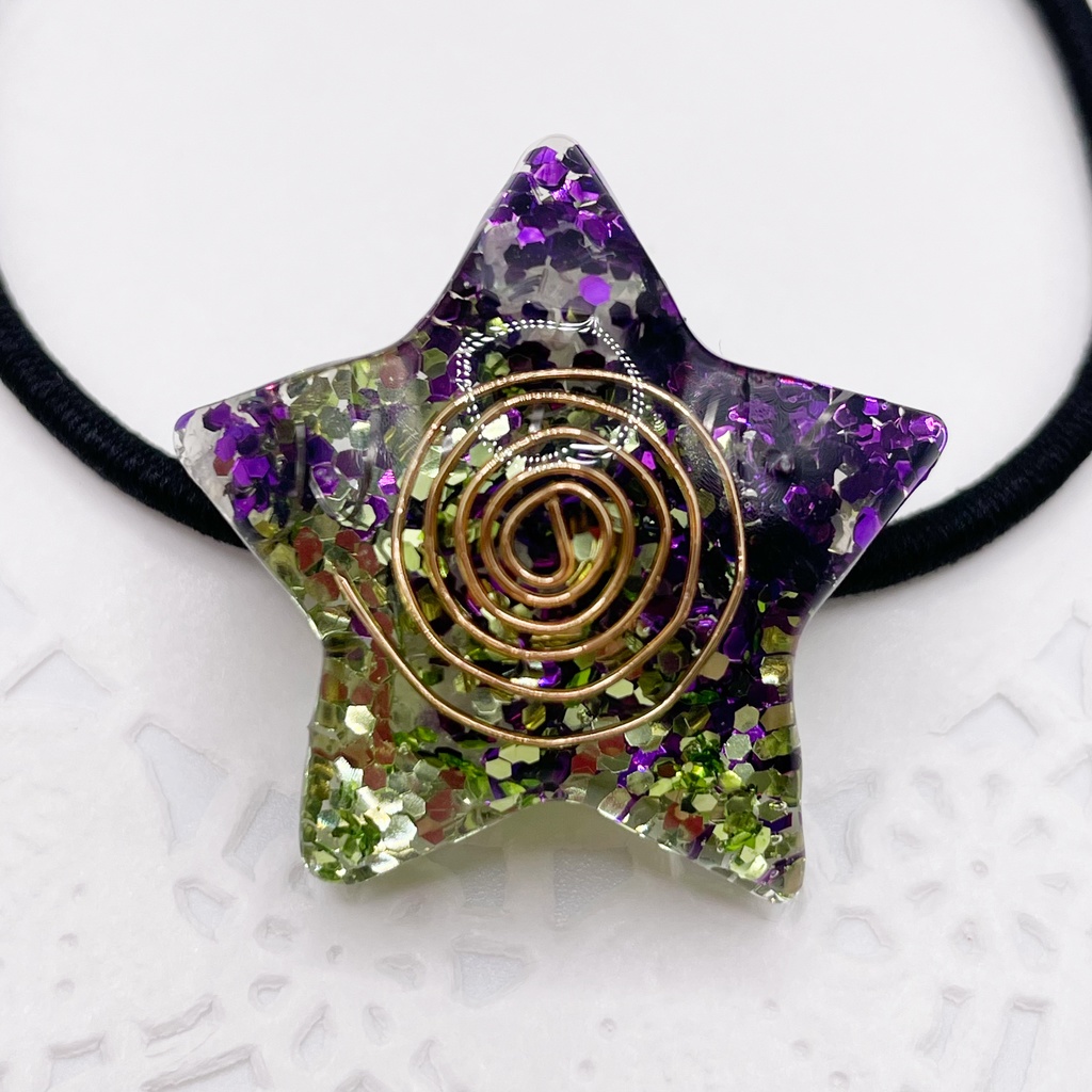 One of a Kind Hair Tie|星のオルゴナイトの天然石ヘアゴム/緑×紫・ローズクォーツ|g-010【One of a Kind Star Hair Tie – Natural Stone Accessory】