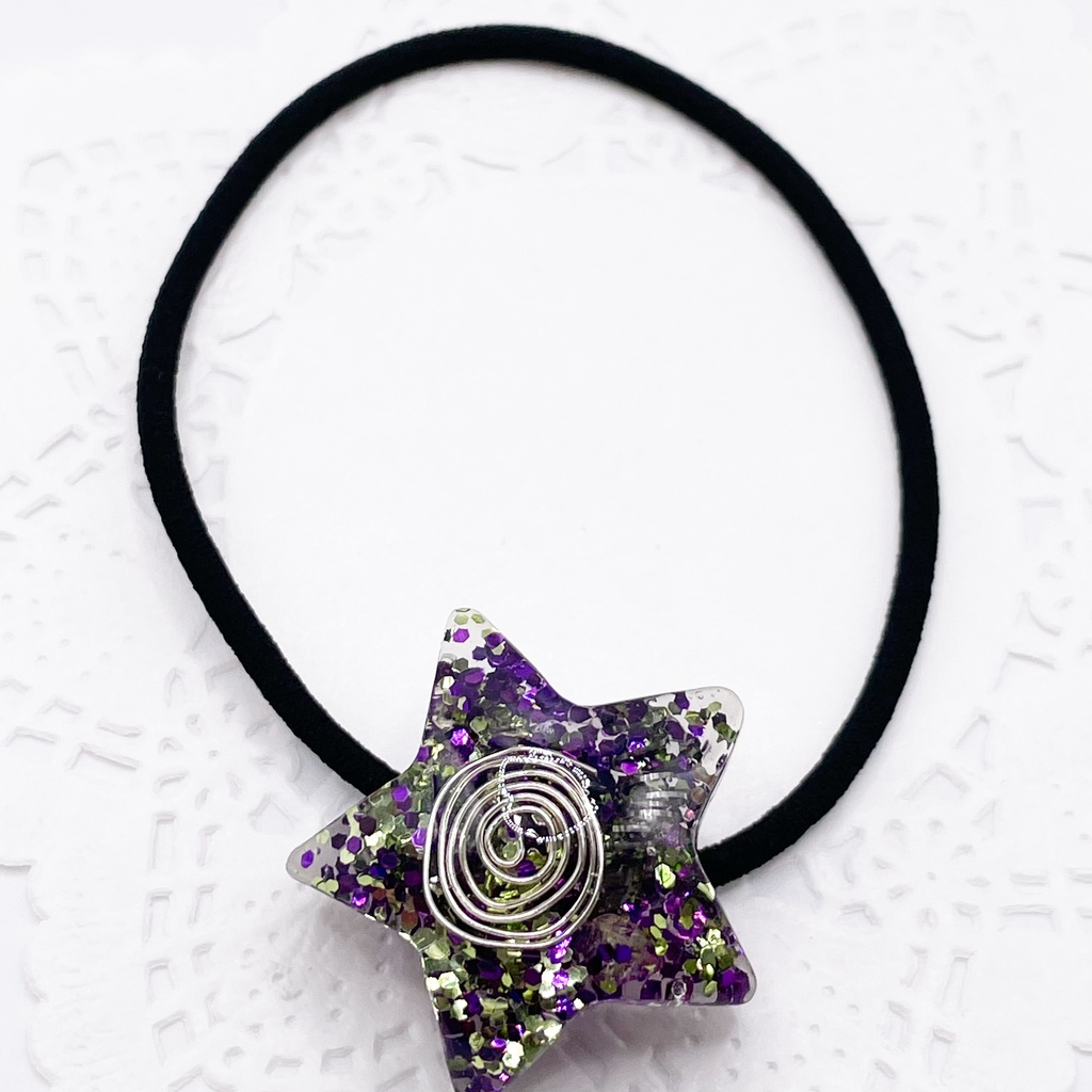 One of a Kind Hair Tie|星のオルゴナイト天然石ヘアゴム(緑×紫・レモンクォーツ)|g-013【One of a Kind Star Hair Tie – Natural Stone Accessory】