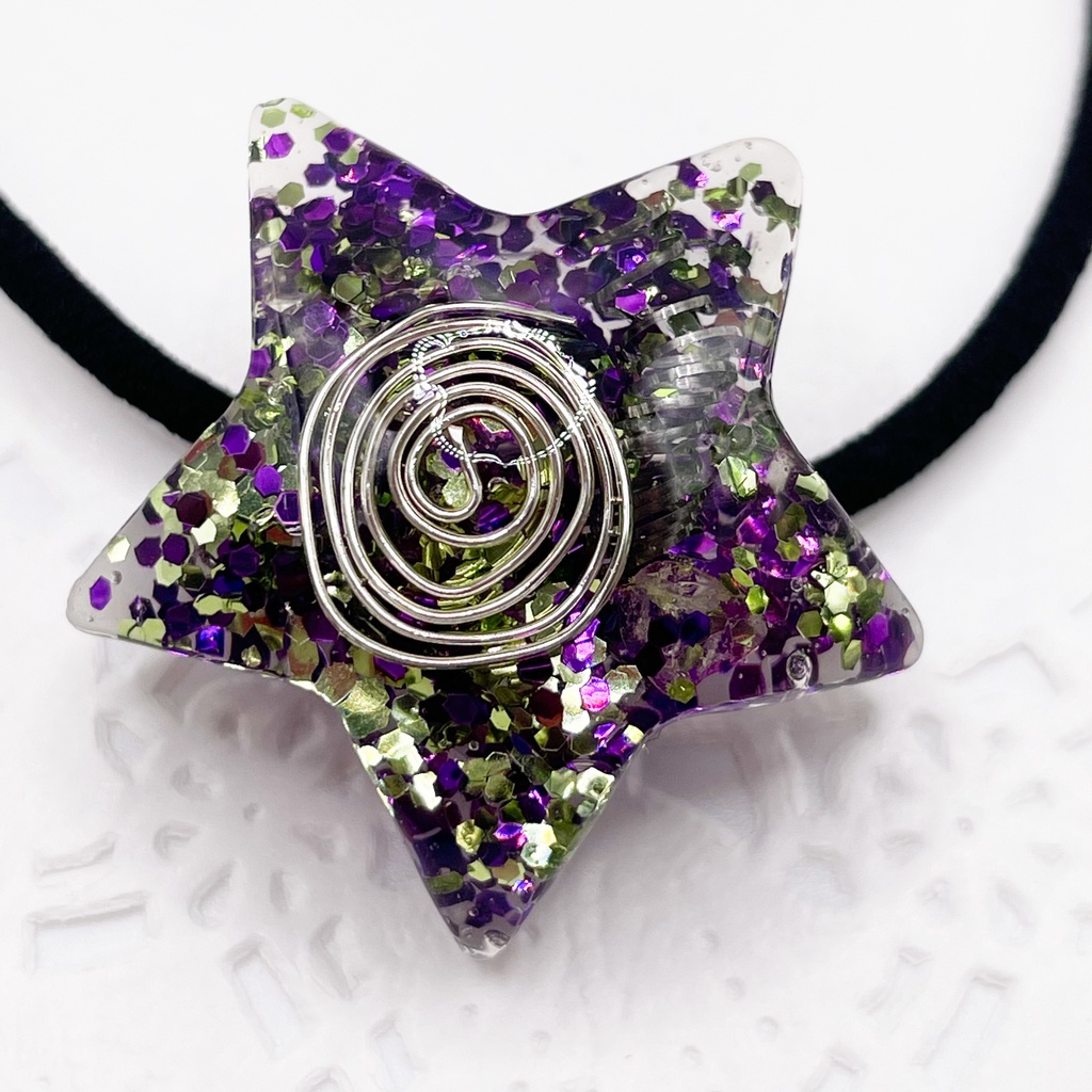 One of a Kind Hair Tie|星のオルゴナイト天然石ヘアゴム(緑×紫・レモンクォーツ)|g-013【One of a Kind Star Hair Tie – Natural Stone Accessory】