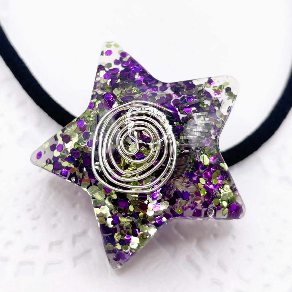 One of a Kind Hair Tie|星のオルゴナイト天然石ヘアゴム(緑×紫・レモンクォーツ)|g-013【One of a Kind Star Hair Tie – Natural Stone Accessory】