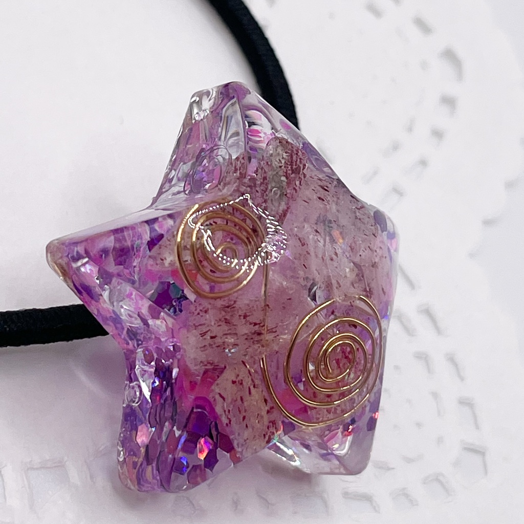 推しカラーにも◎ぬいアクセにも◎星のオルゴナイトの天然石ヘアゴム/パープル・ピンクエピドート|or-054
