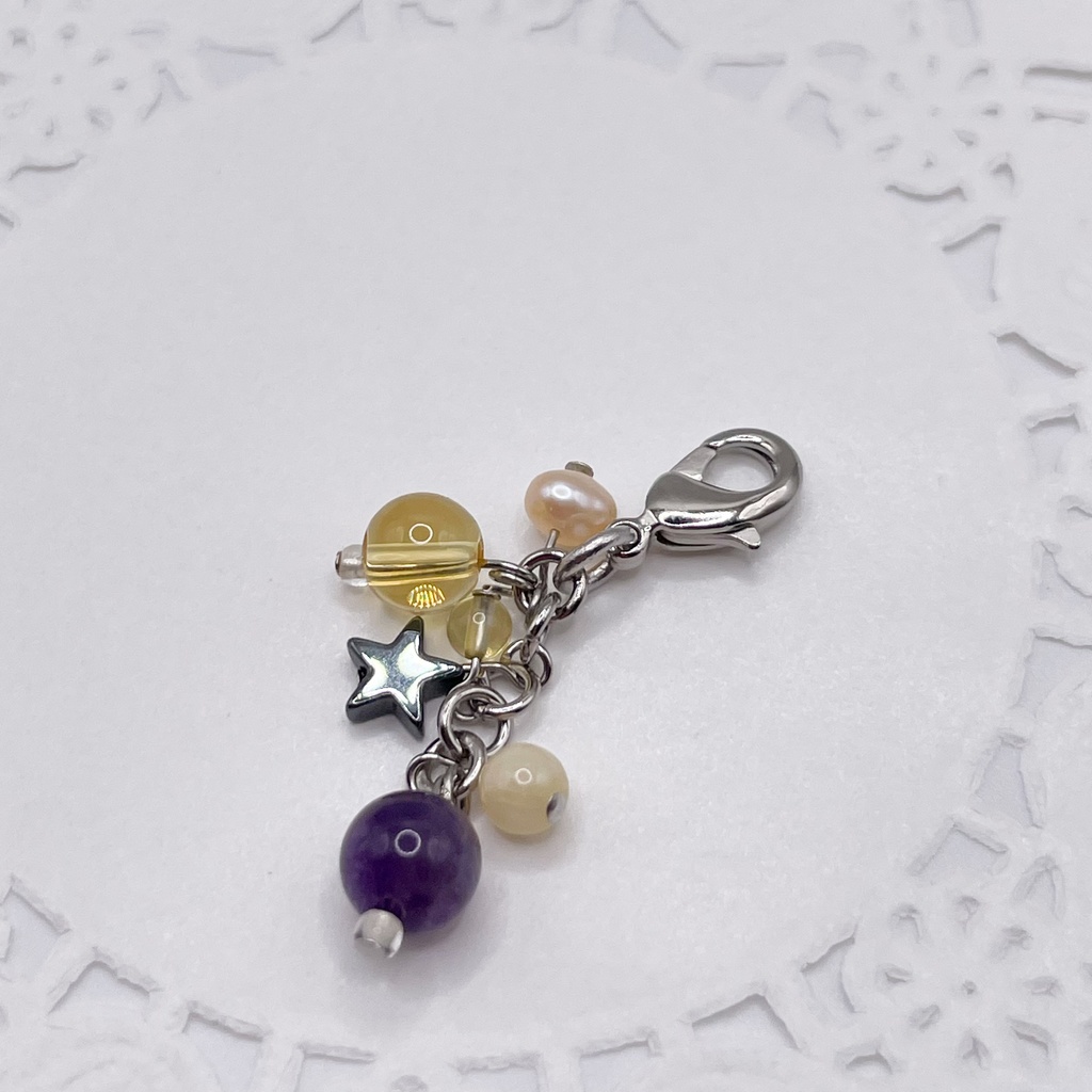 尾鯉概念アクセ|推しカラーにも◎ |シトリン&アメジスト&ヘマタイトの天然石チャーム(ペンダントトップ/片耳ピアス)|g-033