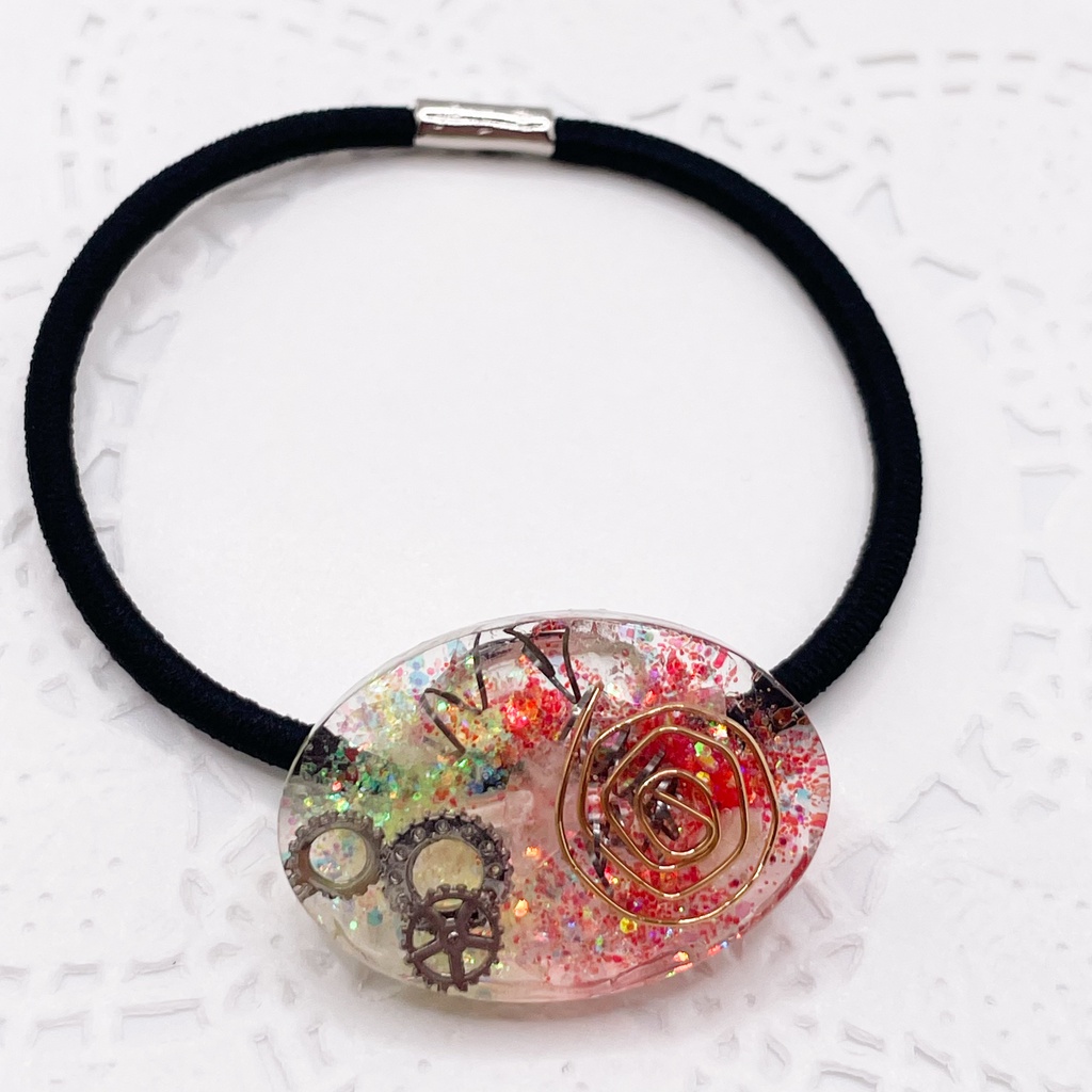 【B品】杉尾・尾杉概念アクセ|楕円形のオルゴナイトの天然石ヘアゴム/赤×黄色・水晶|g-037