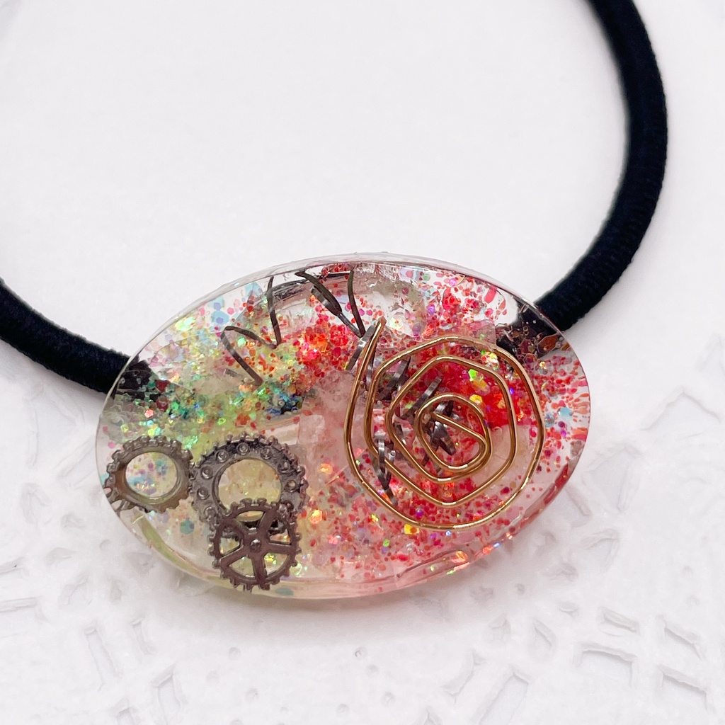 【B品】杉尾・尾杉概念アクセ|楕円形のオルゴナイトの天然石ヘアゴム/赤×黄色・水晶|g-037