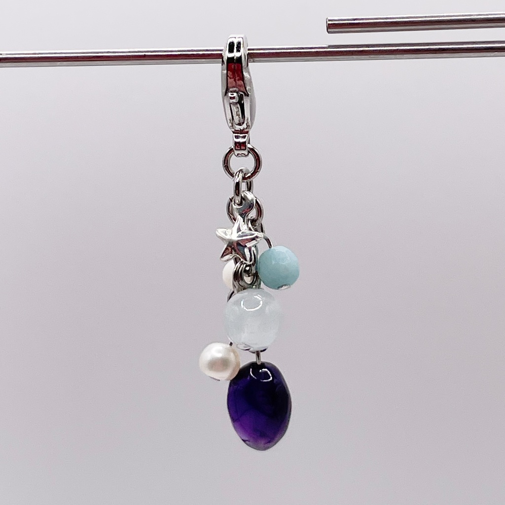 鯉登兄弟概念アクセ|推しカラーにも◎ |アメジスト&アクアマリン&淡水パールの天然石チャーム(ペンダントトップ/片耳ピアス)|g-037